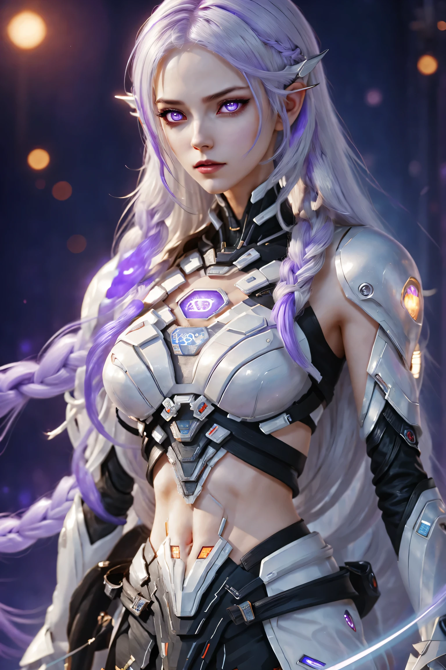 Two girls cyborg standing side by side, yinji, purple hair, purple eyes, long hair, white hair, double braids, gradient hair, highly detailed, intricate machinery, glossy metal skin, glowing blue lights, complex circuitry, futuristic technology, edge light, dramatic lighting, beautiful starry background, octane rendering, cool, personality, brave, realistic 3D render, cinematic composition, award winning digital art, best quality, masterpiece, illustrations, very exquisite and beautiful, very detailed, CG, unity, wallpaper, stunning, exquisite details