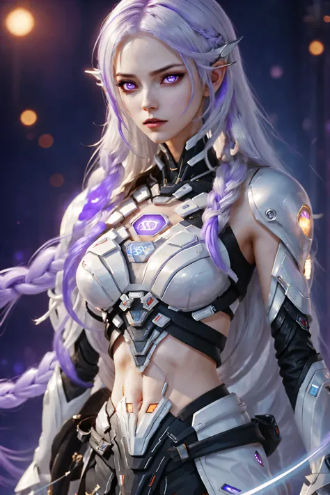 Two girls cyborg standing side by side, yinji, purple hair, purple eyes, long hair, white hair, double braids, gradient hair, hi...