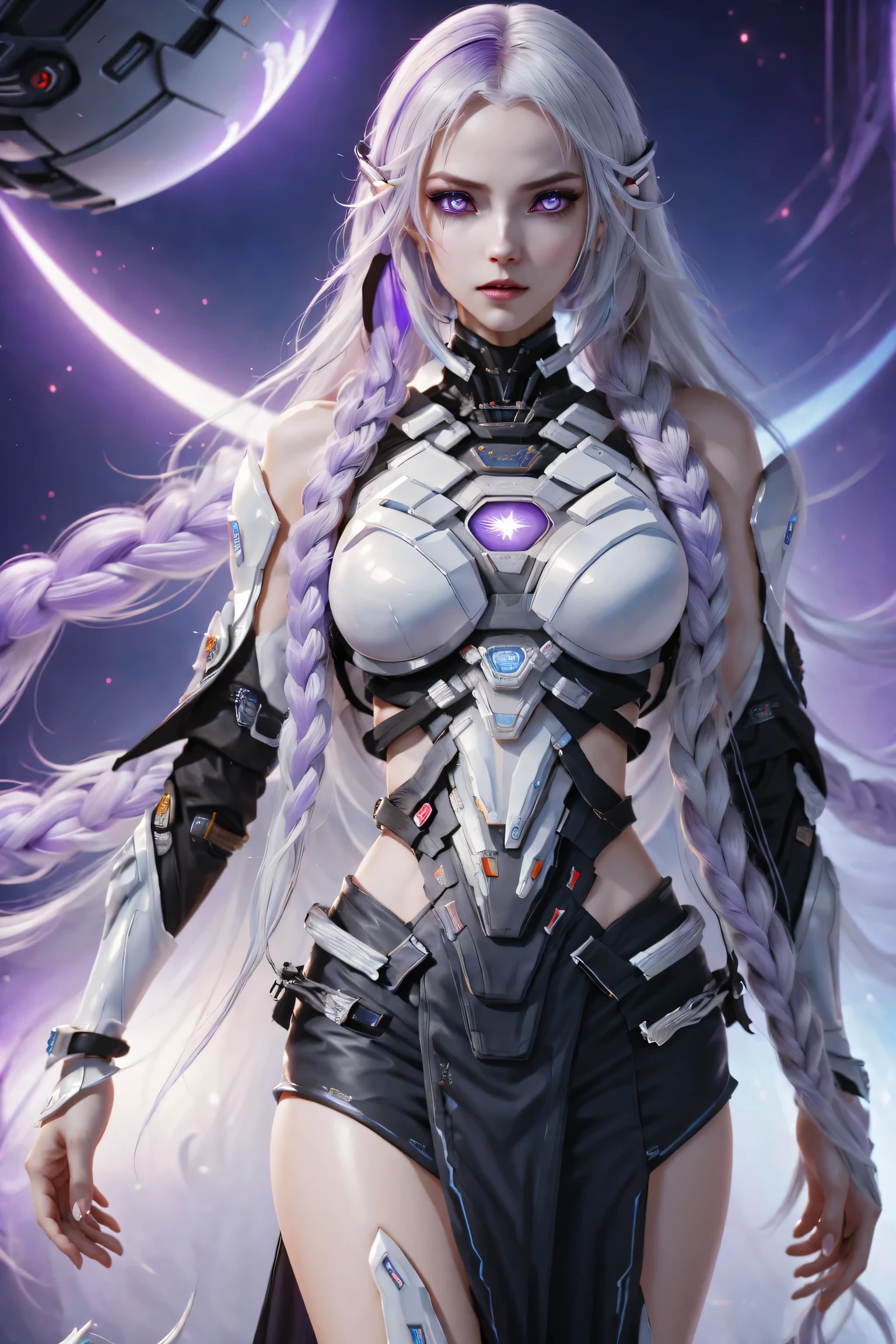 Two girls cyborg standing side by side, yinji, purple hair, purple eyes, long hair, white hair, double braids, gradient hair, highly detailed, intricate machinery, glossy metal skin, glowing blue lights, complex circuitry, futuristic technology, edge light, dramatic lighting, beautiful starry background, octane rendering, cool, personality, brave, realistic 3D render, cinematic composition, award winning digital art, best quality, masterpiece, illustrations, very exquisite and beautiful, very detailed, CG, unity, wallpaper, stunning, exquisite details