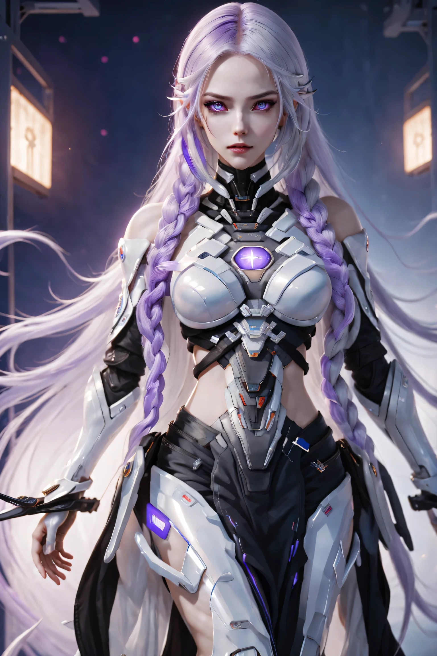 (Two cyborg girls standing back-to-back looking at the viewer), yinji, purple hair, purple eyes, long hair, white hair, double braids, gradient hair, highly detailed, intricate machinery, glossy metal skin, glowing blue lights, complex circuitry, futuristic technology, edge light, dramatic lighting, beautiful starry background, octane rendering, cool, personality, brave, realistic 3D render, cinematic composition, award winning digital art, best quality, masterpiece, illustrations, very exquisite and beautiful, very detailed, CG, unity, wallpaper, stunning, exquisite details