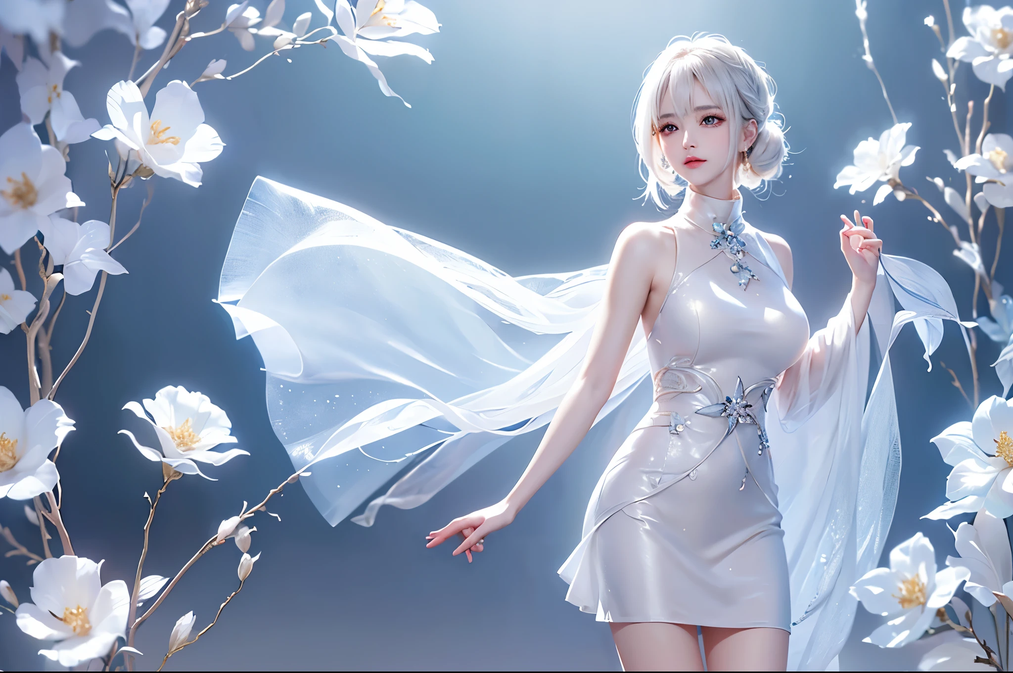 ((Full body image))((masterpiece:1.5、8k、Portraiture、Photorealistic and very detailed CG、Very detailed、Particle Effects、Dynamic Effects、Written boundary depth、Cinematic Light、Lens flare、Ray Tracing、Tabletop、Realistic:1.4、超A high resolution:1.2、Realistic、Realistic))((alone、,Woman in turtleneck dress:1.4、Model-like pose:、Side bust、Ample breasts、Detailed face、brightexpression、young, bright, Whiter skin、Best Looks、Ultimate beauty、White hair with shiny highlights:1.8、bright and shiny hair,、Super long, Silky straight hair、Hair swaying in the wind))(Wonderful transparent flower々Surrounded by、White Background、Great background、Thin petals fluttering down)
