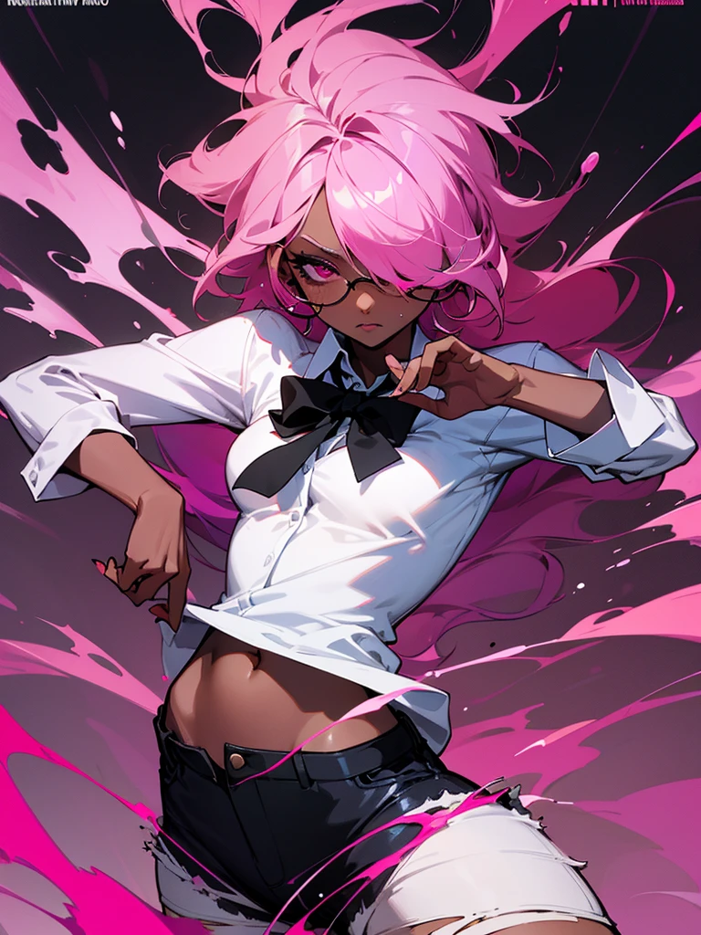 1 woman, adult, ((dark skinned woman, hair over the one eye)), pink hair, messy hair, purple eye, glasses, (white shirt, short pants), black tie, underboob, earrings, dynamic pose, masterpiece, dark and gritty background ,
color palette is mainly dark with splashes of vibrant colors, dynamic and visually striking appearance,  film poster featuring a young woman as the central character. She stands confidence, show off under wear, bukkake, nsfw,