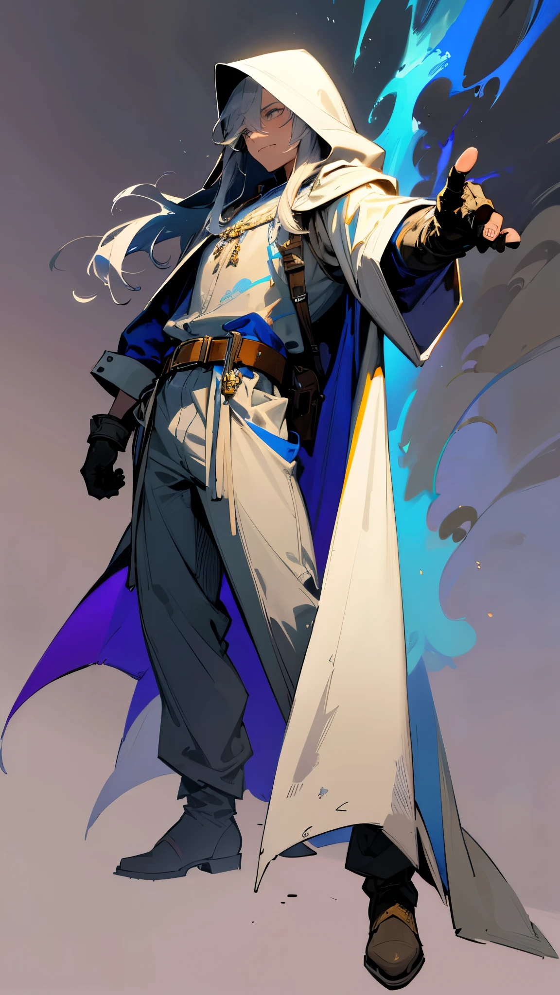 a man with grey long hair and grey eyes, wearing a white hooded cape, a blue shirt, beige pants, gloves, a belt, and boots, masculine pose, figther expression, colorful smoky background, magical smoke, psychedelic colors