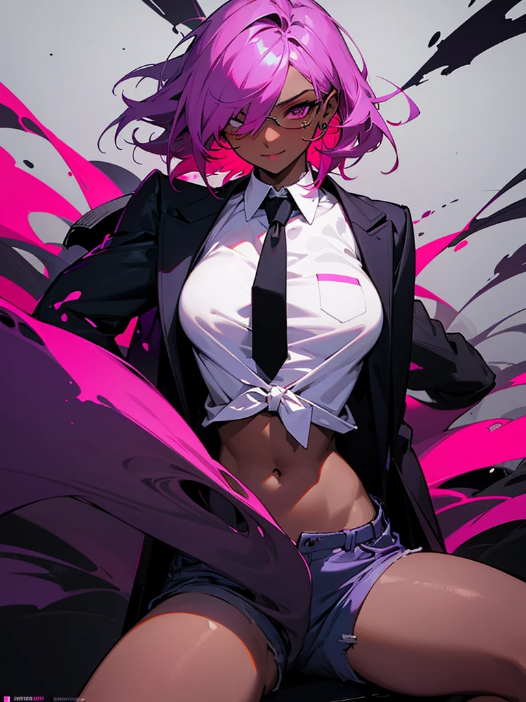 1 woman, adult, ((dark skinned woman, hair over the one eye)), pink hair, messy hair, purple eye, glasses, white shirt, short pants, black tie, underboob, earrings, dynamic pose, masterpiece, dark and gritty background ,
color palette is mainly dark with splashes of vibrant colors, dynamic and visually striking appearance,  film poster featuring a young woman as the central character, She sitting confidence, show off under wear, nsfw, open legs, teasing smile,