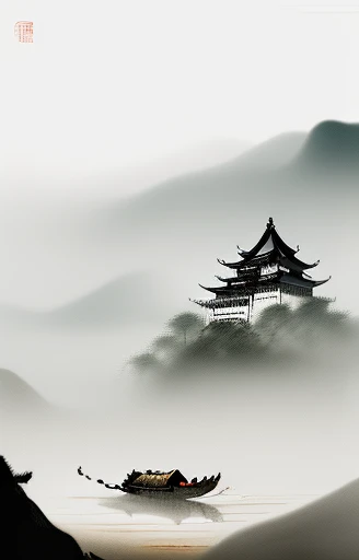 中国古画, 漂浮在雾山之上的古老中国城堡, 河流, 祥云, 展馆, 阳光, 杰作, 中国毛笔画, 史诗般的创作, 方春年的中国古典名著, 唐代, 明代, 蒸汽朋克城堡