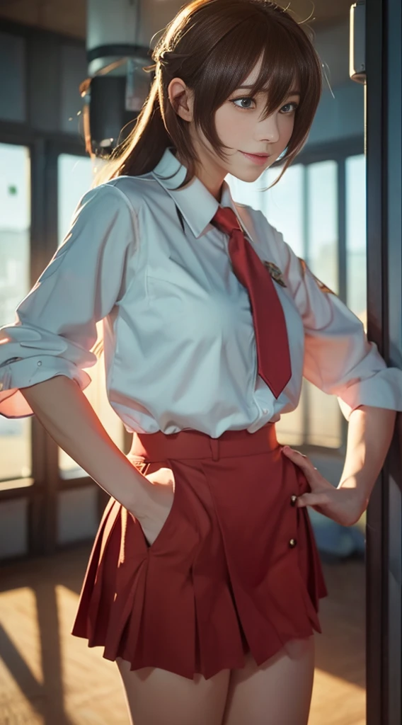 (Very detailed CG Unity 8k wallpaper), (masterpiece), (highest quality), (Very detailed), (Best illustrations), turn around、(Best Shadow), (absurdes), Age 25, strong, Embarrassing, Sweat, vapour, The gaze of the viewer sees a female teacher with long hair, Brown Hair, White blouse, Black Skirt, Upturned eyes, Shining fluorescent lights, Full-length portrait of a person standing in a junior high school classroom.