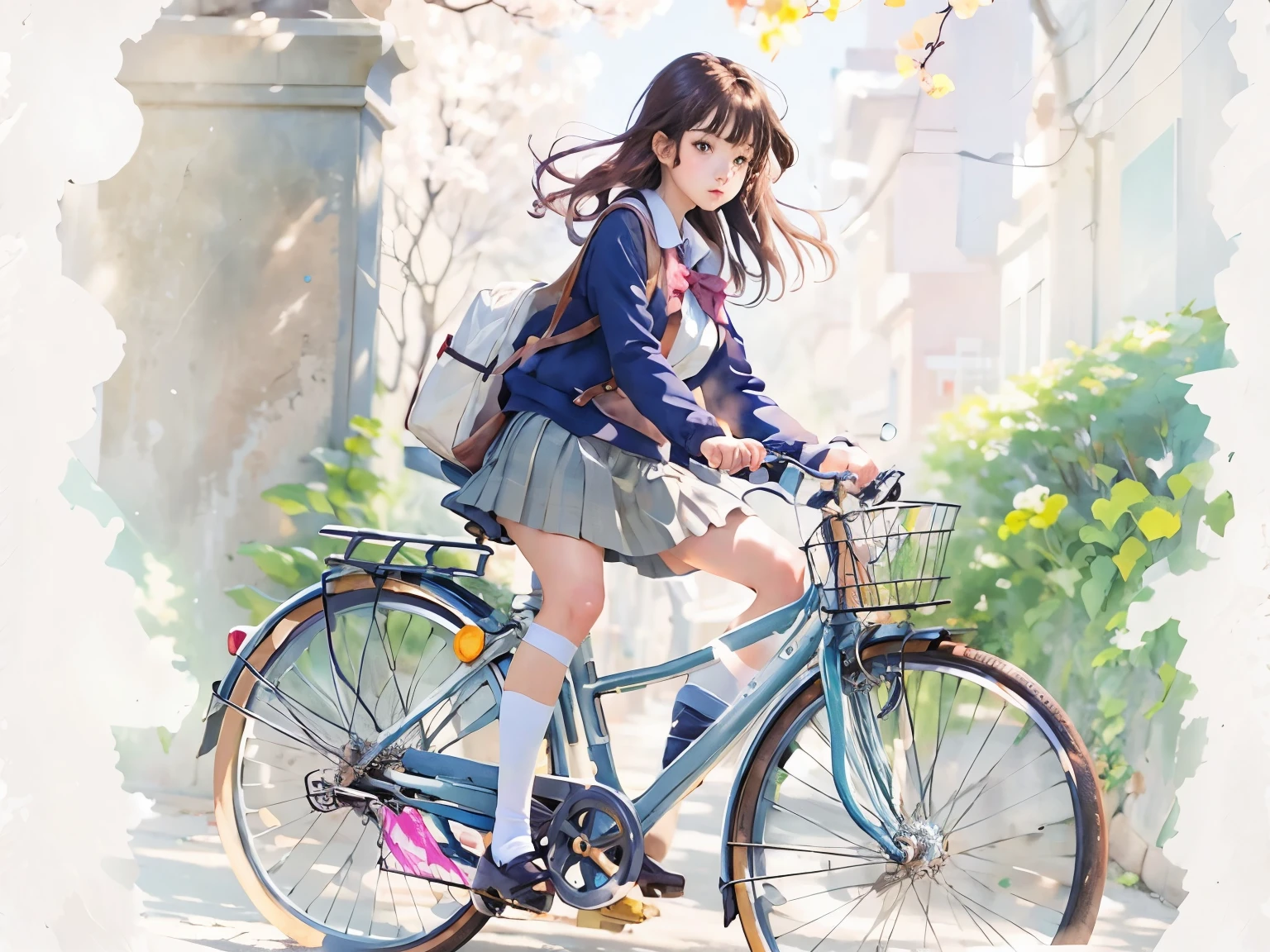 (Meisterwerk, höchste Qualität:1.2), Wirklichkeit、Ein Mädchen auf einem Fahrrad, allein、High-School-Mädchen、Uniform、(Von vorhin)、Leerer Hintergrund、weißer Hintergrund、Aquarellstil、