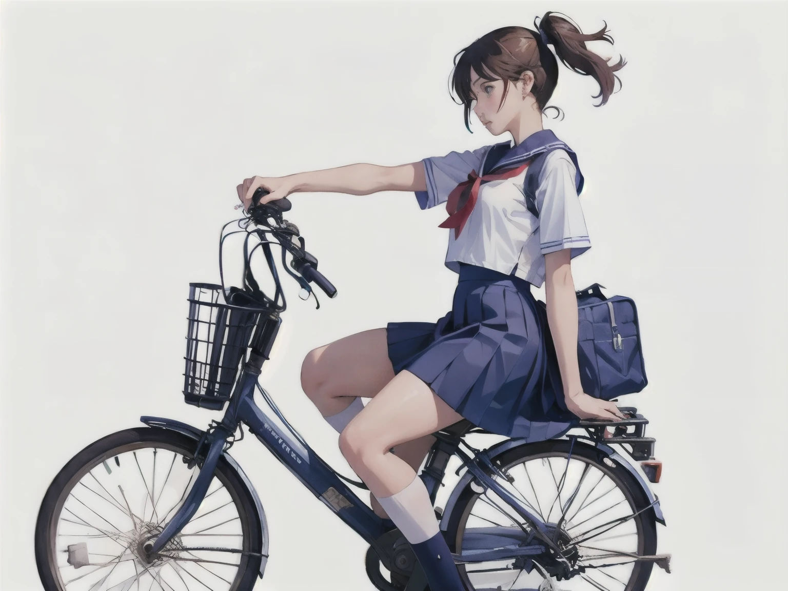 (masterpiece, highest quality:1.2), Reality、One girl riding a bicycle, alone、high school girl、uniform、(From before)、Blank background、White background、Watercolor style、