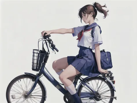 (masterpiece, highest quality:1.2), Reality、One girl riding a bicycle, alone、high school girl、uniform、(From before)、Blank backgr...
