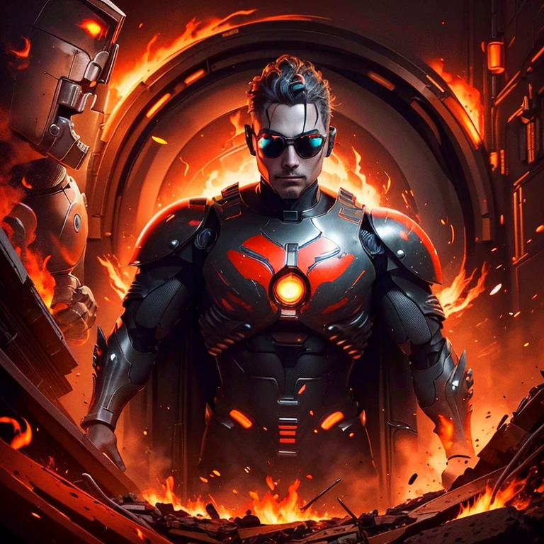 a close up of a robot in a building with a sunglasses  on, cyberpunk flame suit, cyberpunk armor, cyberpunk suit, sci - fi suit, intricate cyberpunk armor, cybernetic fire armor, apex legends armor, cyber suit, cybernetic flame armor, clothed in sci-fi military armor, warrior in sci-fi armour, sci - fi armor