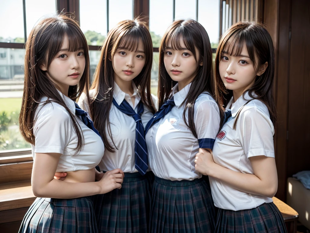 (RAW photo, 4k, masterpiece, high resolution, extremely complex) (realistic: 1.4), cinematic lighting
 ((2 girls, 2 schoolgirls)),Slam Dunk's,blushing,((innocent)),bright eyes,round eyes,blunt bangs,(straight hair:1.3),black hair,large breasts,wide hips,Summer Noon, ,Hot, (Best Quality), (Highres), (an Extremely Delicate and Beautiful),(Beautiful 8k face),(Brown eyes),short bob hair,( spectators),(gigantic breasts),(Play with each other,Touching each other's bodies,Touching the body),(Japanese high school uniform:1.3),blue skirt,(reality),bright lighting,(The background is a luxury hotel room)