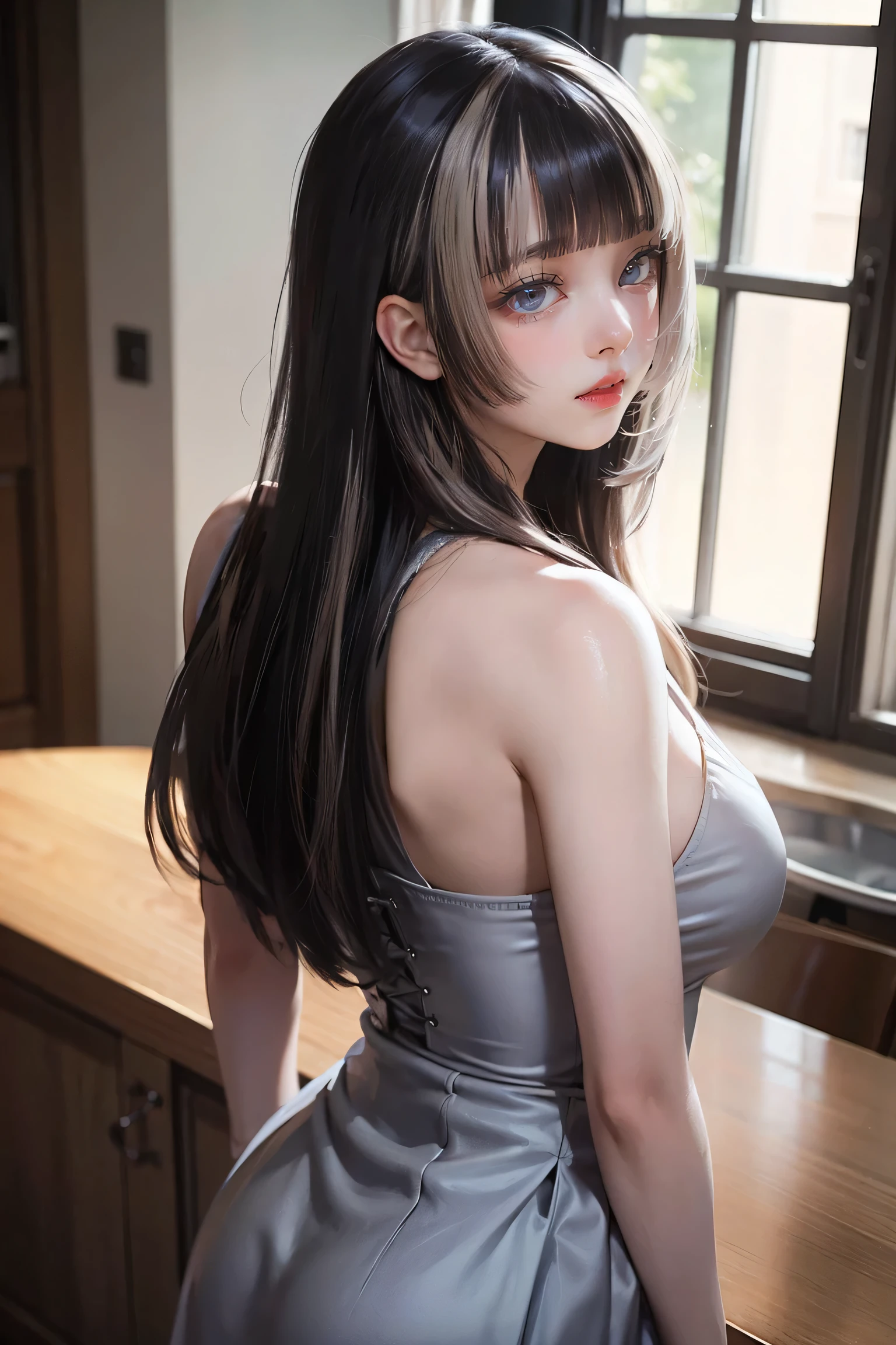 View from behind、(Realistic painting style:0.9), Tabletop, One Girl, alone, chest, Long Hair, Black see-through dress, Grey Hair, Chest cleavage, View your viewers, smile, Mouth closed, bangs, Grey Eyes, Big Breasts, Expose your shoulders, Large chest, Sexy pose、View from behind，Sexy Style