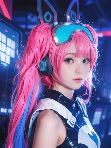 1girl,(background: city),looking at viewer,photorealistic,realistic,solo,glowing goggles,holographic interface,twintails,neon li...