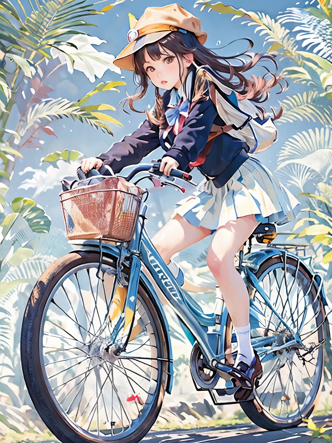 (Meisterwerk, höchste Qualität:1.2), Wirklichkeit、Ein Mädchen auf einem Fahrrad, allein、High-School-Mädchen、Uniform、(VON VORNE)、Leerer Hintergrund、weißer Hintergrund、