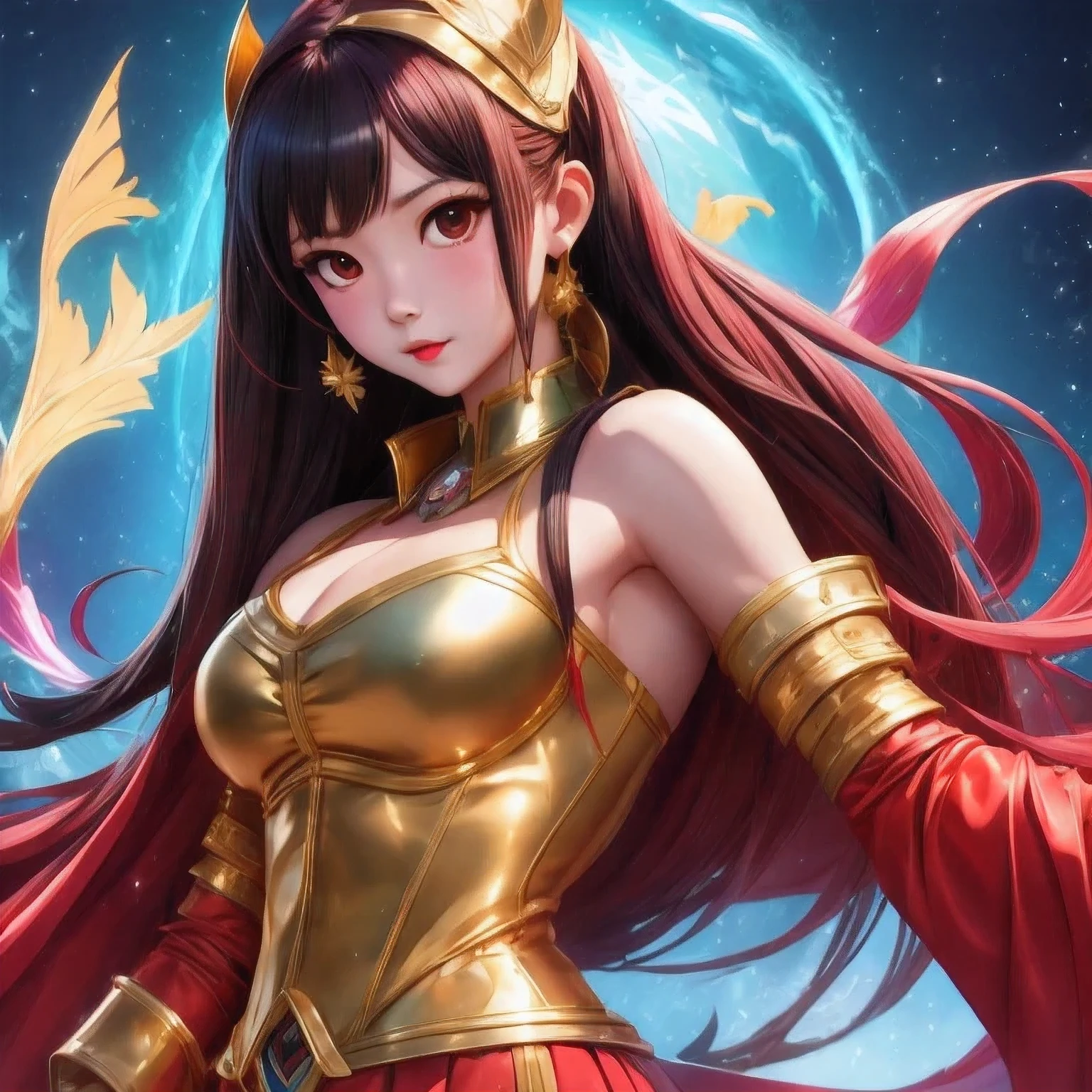 Araffe-Schüler in einem rot-goldenen Outfit posiert für ein Foto, Porträt Ritter des Tierkreises Mädchen, Anime-Mädchen-Cosplay, masayoshi suto and artgerm, Cosplay-Foto, Porträt einer weiblichen Anime-Heldin, Senna aus Liga der Legenden, Anime-Kostüm, Wojtek FUS, Cosplayer, IG-Modell | artgerm, Cosplay von Ayaka，（（（Aquarell）））（ein Schüler）