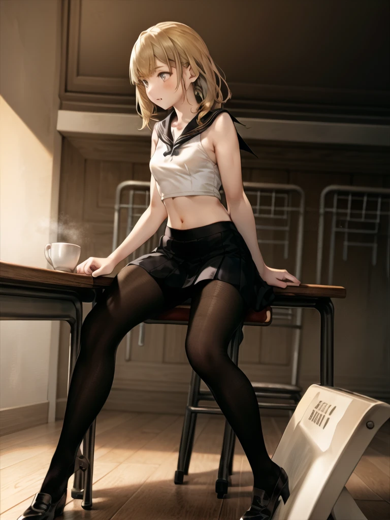 (Highly detailed CG Unity 8k wallpaper,masterpiece, highest quality, Super detailed),School classroom atmosphere,wood々Sunlight shining through the gaps,A beautiful blonde high school girl with twin tails and ahoge(D Cup),Tight tube top t-shirt,Short cut jacket,mini skirt,Dance club activities, Beautiful black-haired ,Skinny and flat chested, Wearing a sailor uniform,Sitting on a chair、He is having a conversation with a blonde girl sitting at a desk.,in the evening.