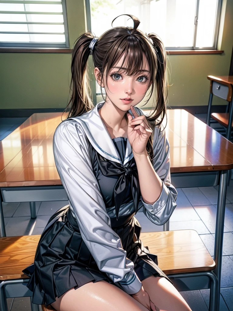 (Highly detailed CG Unity 8k wallpaper,masterpiece, highest quality, Super detailed),School classroom atmosphere,wood々Sunlight shining through the gaps,A beautiful blonde high school girl with twin tails and ahoge(D Cup),Smartphone in hand,Tinker,Beautiful black-haired ,Skinny and flat chested, Wearing a sailor uniform,Sitting on a chair、He is having a conversation with a blonde girl sitting at a desk.,in the evening.
