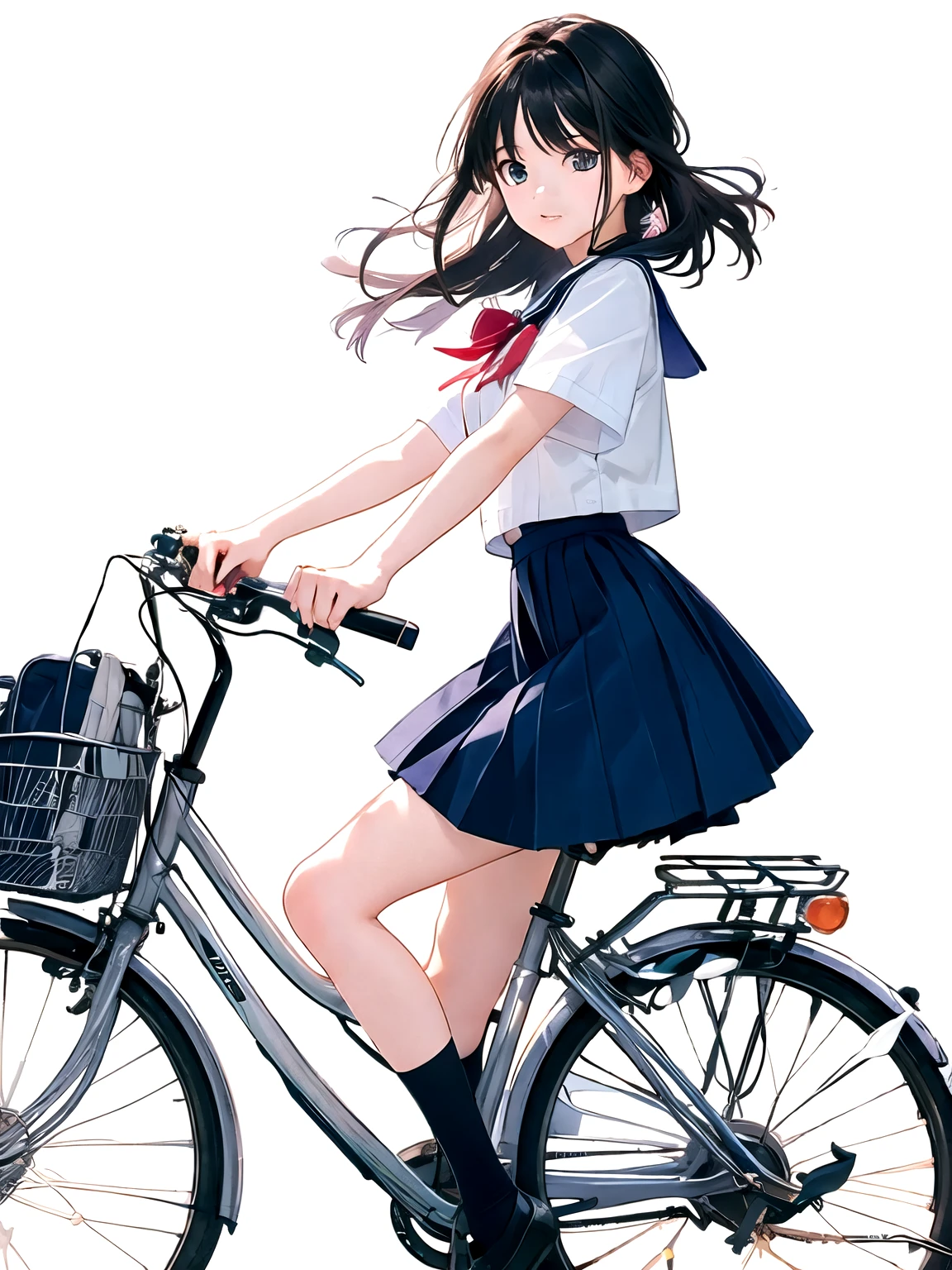 (Meisterwerk, höchste Qualität:1.2), Wirklichkeit、Ein Mädchen auf einem Fahrrad, allein、High-School-Mädchen、Uniform、(VON VORNE)、Leerer Hintergrund、weißer Hintergrund、