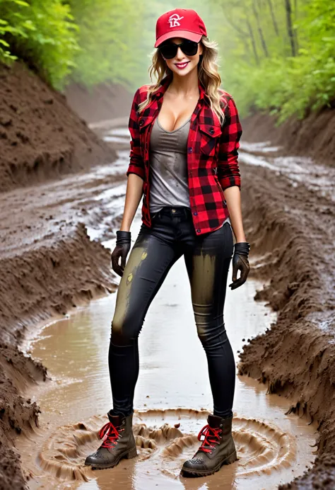 (Slim sexy body girl, long legs, shy smile), hiking boots, (very muddy washed-out black dirty long tight jeggings:1.5), (open kh...