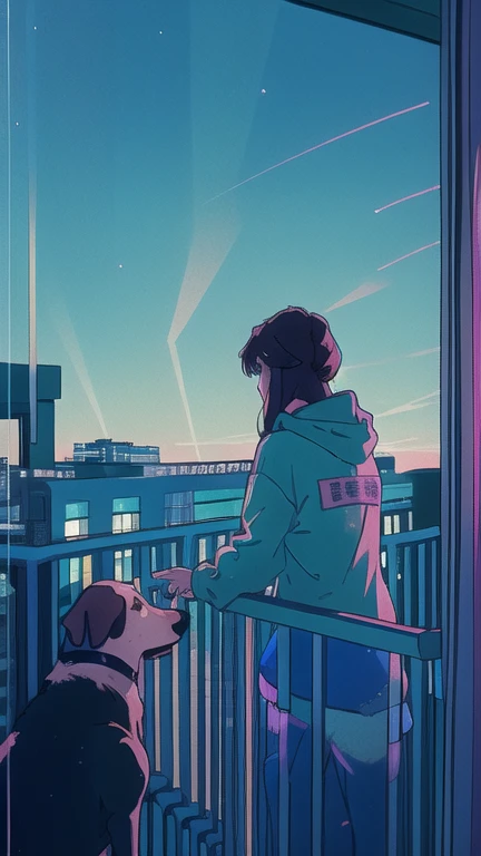 (Super detailed)),highest quality,8k,High resolution(Skyscraper:1.5),Back view,silhouette,Octane,(静かなnight空),night,night空,Starry sky in the countryside,Blue and pink retro style,Neon Signs,((Woman playing with dog on balcony 1:1.5)),Lots of things,Long brown hair,Neon flickers,Wearing a baggy hoodie,Anime Aesthetics,90s nostalgia and comfort,Lo-Fi,Lo-Fi女子,Lo-Fiの象徴,Anime Style,Expressed with a delicate and poetic touch,Surreal