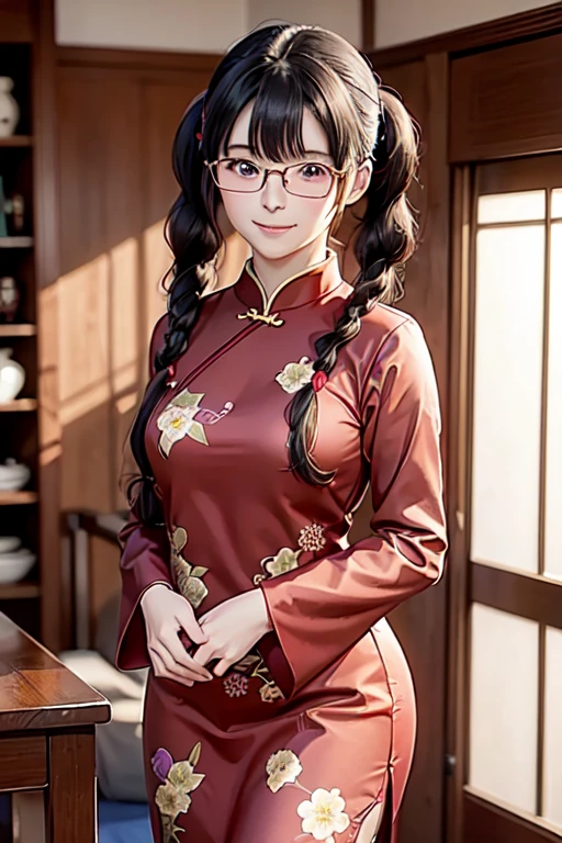 1990s \(style\), One Girl, Li Honglan, Sakura wars,Obese、smile　 (high quality, High resolution, Fine details),Wearing round glasses:1.6, Freckles on the face:1.5、(stylish, Modern), Vintage Chinese Dress, Traditional Chinese colors, Floral, alone, Curvy Women, Sparkling eyes, (Fine grain:1.2), smile, blush, Sweat, Oily skin, Shallow depth of field, Graceful aura, Soft Light、Long purple hair and twin tails,Twin tails are thick braids、 inspired by Rumiko Takahashi, Wearing a red Chinese dress, inspired by Takehisa Yumeji, アニメ 萌え アートstyle, juri misaki, Anime Styleに, Rin Tohsaka, Anime Style, Cute anime waifu in nice cheongsam, rumiko、Action pose