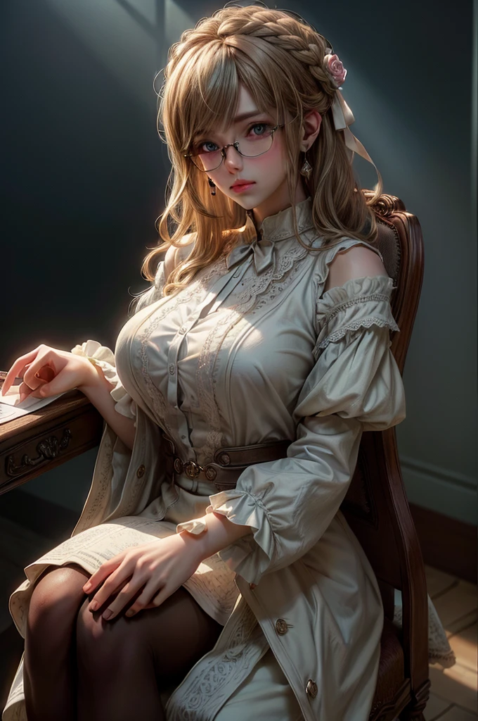 alone, One girl, masterpiece, highest quality, Very detailed, Cinema Lighting, Intricate details, High resolution, Official Art, Beautifully detailed face and eyes, High resolutionのイラスト, 8k, Dark intense shadows, Exposure, [Blonde Hair/Brown Hair], Single Blade, blue eyes, Glasses, Conceit, Sitting in a chair, Upper Body, Big Breasts, White shirt, Yellow suspenders, Book_stack, library, ((vine)), Rose, Looking at the audience