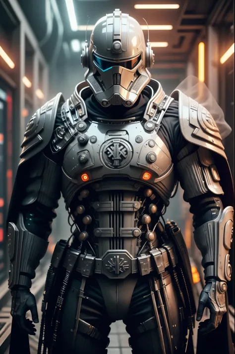 SH4G0D style cyberpunk-nazi, Stormtrooper-Nazi, broad shoulders black cloak (lights and switches on cheats) ((White Plate-Armor)...