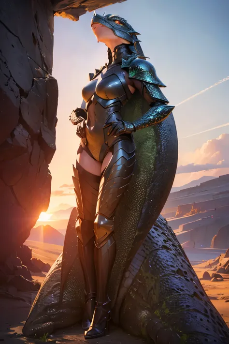 A powerful anime girl, detailed lizard scale armor, small and sensual armor, long boots scaled like a lizard, volcanic landscape...