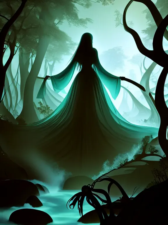 Ghostly woman dressed in scary white floating on a river in a forest at night