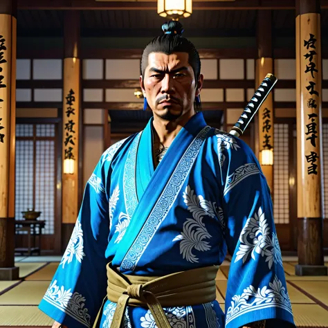 a japanese yakuza dressed in phosphorescent blue with traditional clothing and a katana on his back ,in a classical japanese tem...