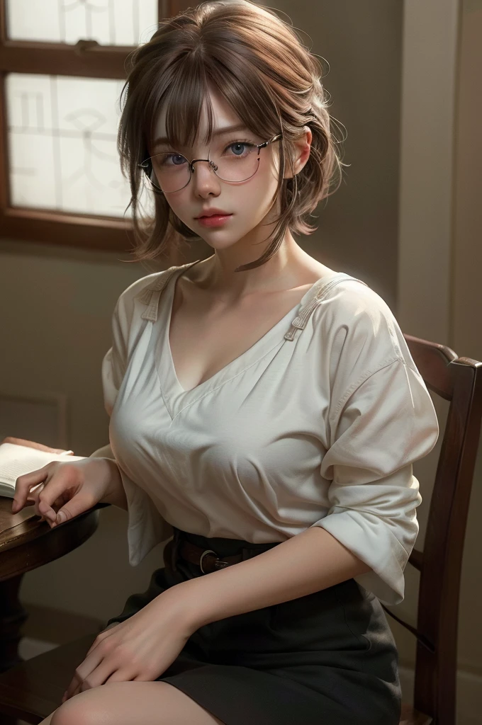 alone, One girl, masterpiece, highest quality, Very detailed, Cinema Lighting, Intricate details, High resolution, Official Art, Beautifully detailed face and eyes, High resolutionのイラスト, 8k, Dark intense shadows, Exposure, [Blonde Hair/Brown Hair], Single Blade, blue eyes, Glasses, Conceit, Sitting in a chair, Upper Body, Big Breasts, White shirt, Yellow suspenders, Book_stack, library, ((vine)), Rose, Looking at the audience