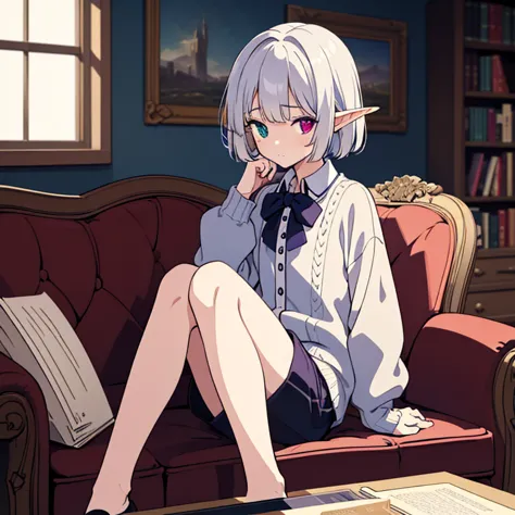 Cool male elf with blue and purple heterochromia, Silver straight hair, Wearing a white shirt, Navy Cardigan, sitting on a sofa ...