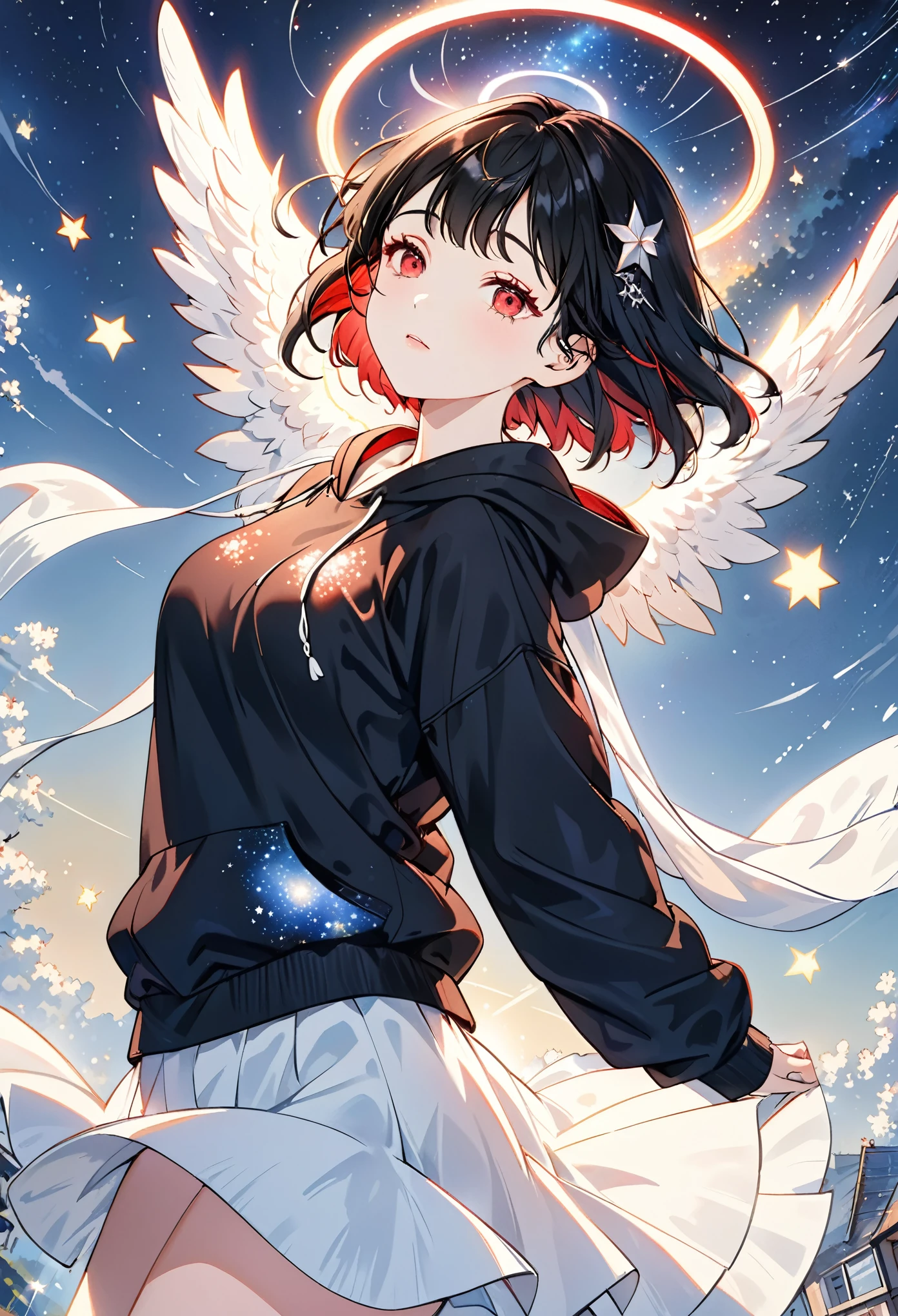 Gentle，(highres,8k,close-up,samdoesarts-style,black short hair,red eyes,detailed facial features,night sky with starry galaxy) high detail,8k,close-up,samdoesarts style,(((a woman with short black hair and red eyes))),((with detailed facial features)),the background is the starry night sky and the Milky Way,1girl,bishoujo,teenager,white_skin,shiny_skin,glamor,plump,slender face,air bangs,short hair,black hair,red eyes,half-closed eyes,hoodie,full_shot,(sunlight),(angel),dynamic angle, floating, wing, halo, floating white silk,(Holy Light),silver stars,