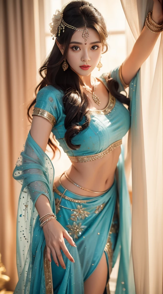 4K, Ultra-high resolution, masterpiece, 1 girl, Nice face, Fine grain, Detailed lips, Very long hair, Straight hair, Very long hair, Beautiful Hair, hair Decorations, hair band, Gradient Hair, ((Indigo Lehenga)), ((Bridal Lehenga)), ((Decorative blouse)), sardine, ((Lehenga Jewelry)), ((Blue lace)), ((Diamond Bracelets)), Decorations, necklace, Earrings, high intensity lighting, ((Bare Belly)), Wedding Stage, Fujicolor, Depth of written boundary, Ray Tracing, Ultra-Realistic Details,