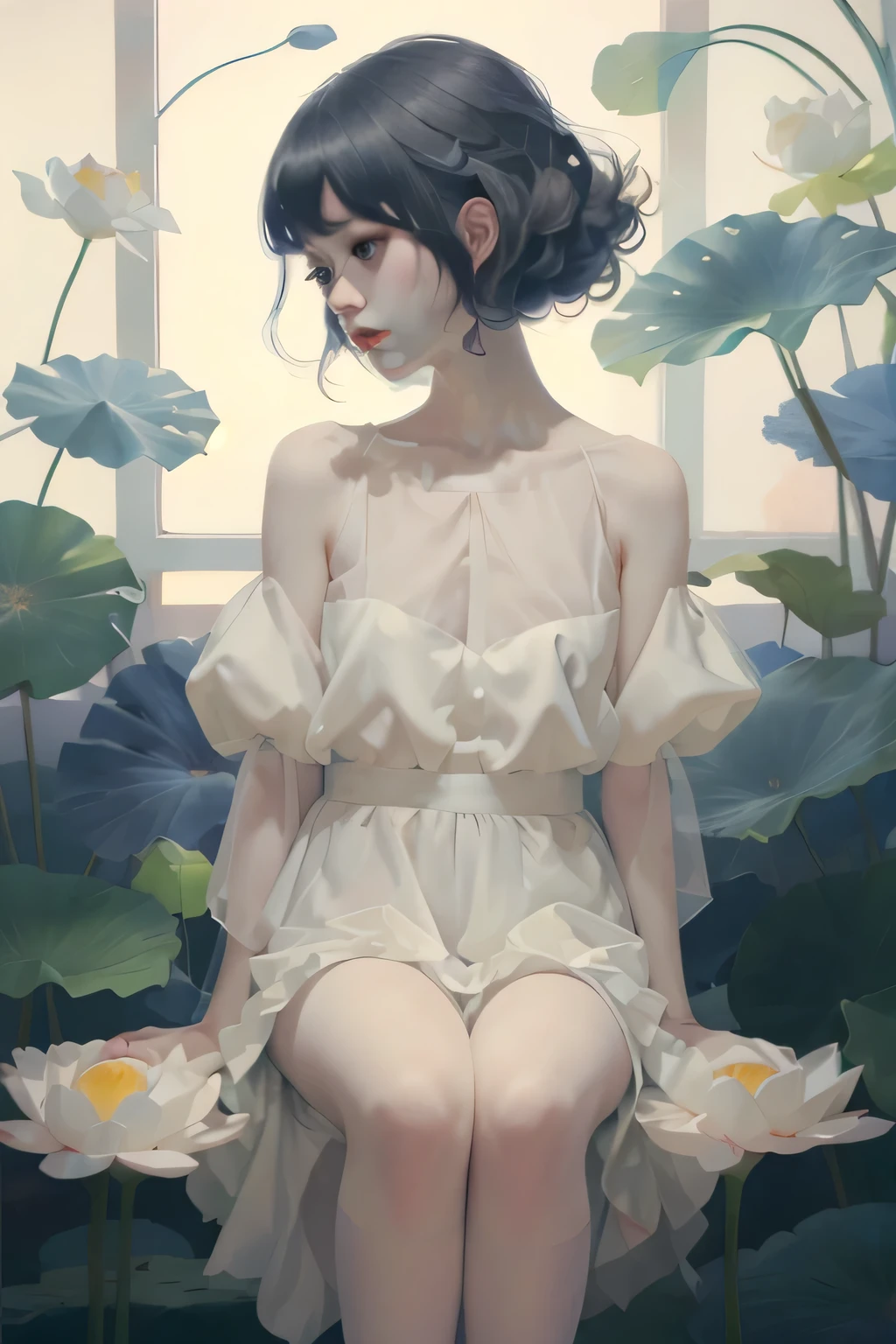 Nudity, Masterpiece,best quality, Good quality illustrations, perfect light, natural light, Rich and colorful, 1 woman, sit, lotus leaf lotus flower, small insect