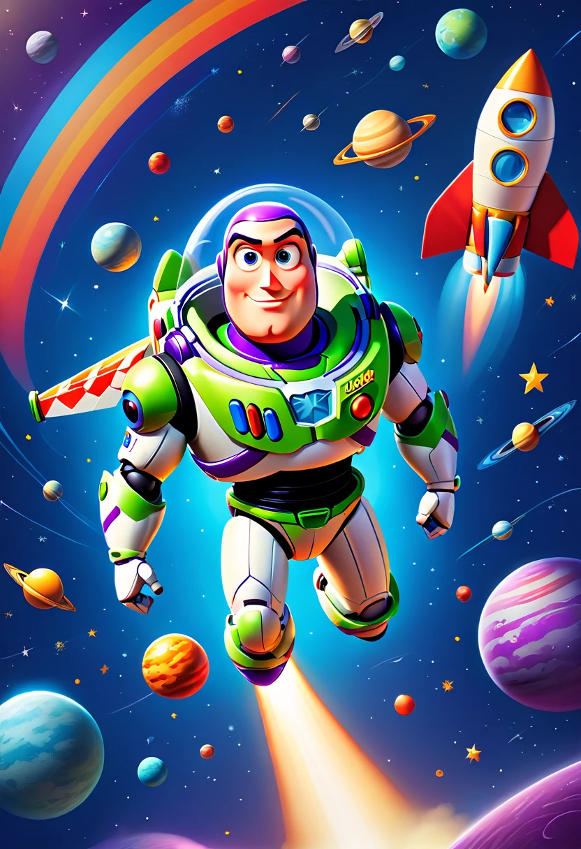 Vector illustration:vector illustration,toy story,Buzz Lightyear traveling through space,POP outer space background,rocket,stars and planets,cartoon,Highest quality,masterpiece, Adobe Illustrator,draw with thick lines,,cute,pop,,Cast colorful spells,Nice background image,masterpiece,最高masterpiece,Light and shadow,Draw carefully,,Bright colors,Fantasy,Fancy,rendering,Magical Elements,BREAK,Buzz Lightyear,Anatomically correct,Very detailed,Incredibly absurd