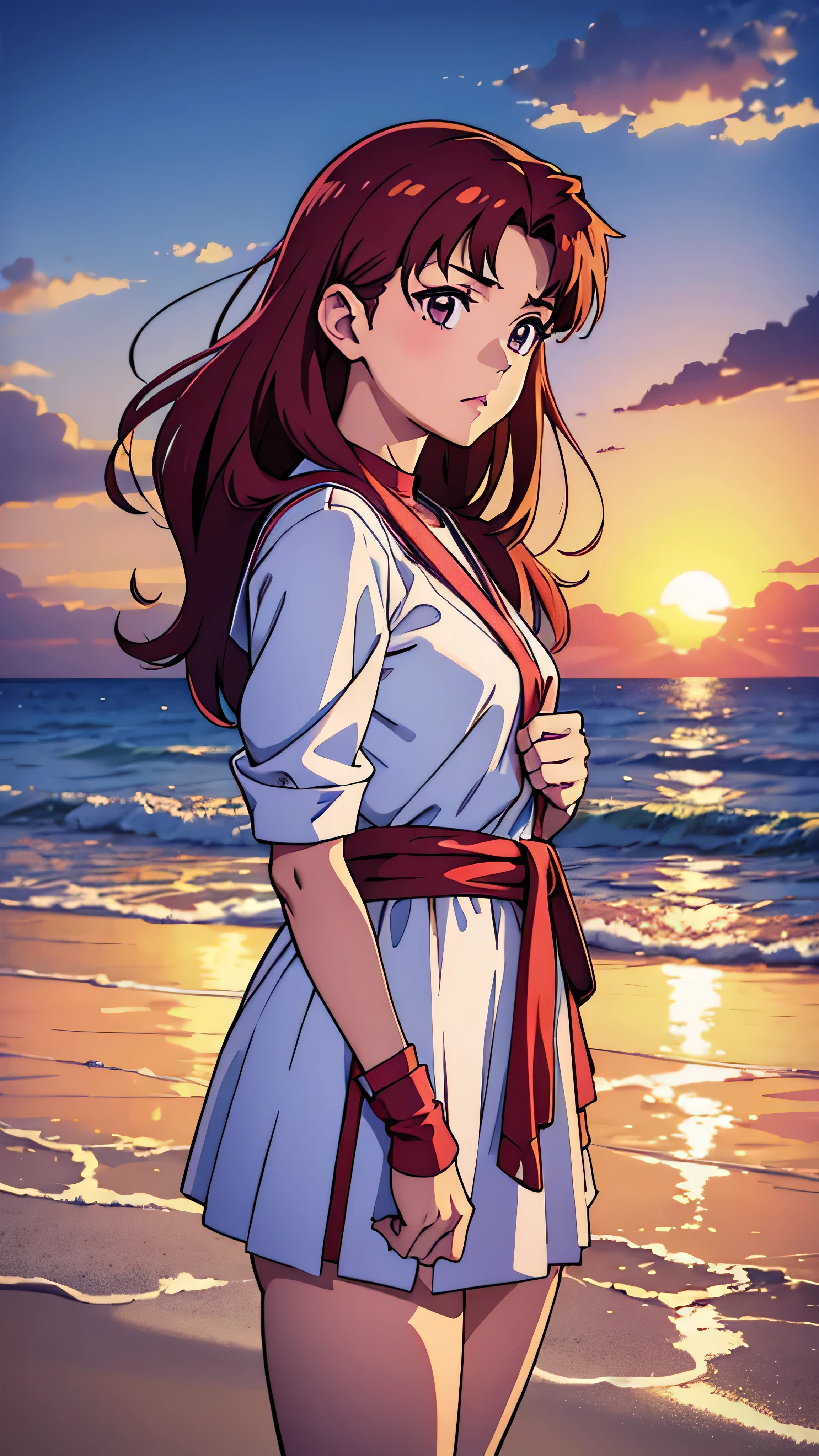 Segurando um ursinho de pelúcia em uma praia calma ao pôr do sol、Apresentando Misato Katsuragi de Evangelion, uma garota de anime cativante vestida de forma fofa, moda realista。Retratos em alta definição、Mostra uma jovem com longos, cabelo rosa esvoaçante que chega até a cintura fina。a garota&#39;Os olhos brilham calorosamente、olhando diretamente para o espectador、Sua boca está curvada em um sorriso gentil。A cena da praia está repleta de tons suaves do crepúsculo.、o anime&#39;A arte CG retrata um ambiente sereno, ambiente idílico。A arte é inspirada em Gu Wei Z&#39;estilo.、