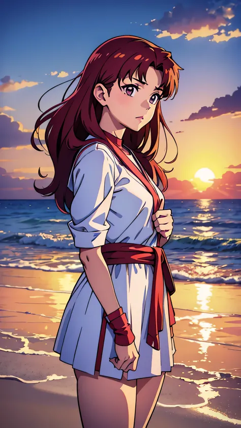 Holding a stuffed teddy bear on a calm beach at sunset、Featuring Misato Katsuragi from Evangelion, a captivating anime girl dres...