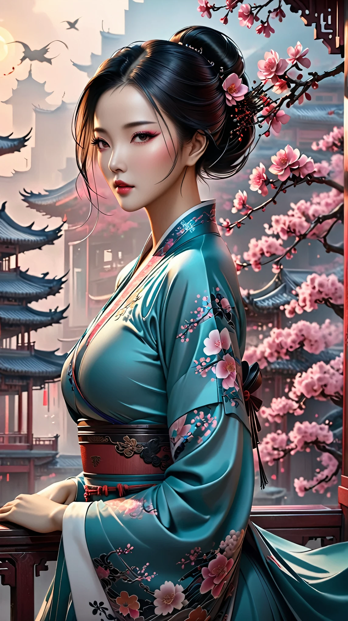 Imagem de uma mulher na casa dos 50 anos com tatuagens nos braços e usando um vestido, inspirado em Chen Yifei, Cinematic. Ren Jun, sociedade cg and fenghua zhong, por Jan J., 🌺 sociedade cg, linda arte digital, arte de fantasia cinematográfica elegante, muito lindo samurai cyberpunk, stunning sociedade cg, linda donzela, palácio ， garota em hanfu