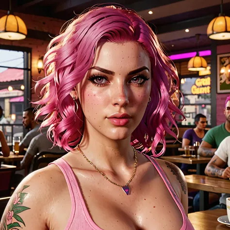 a beautiful young woman with wavy pink hair and pink eyes, wearing a top and big tits, in a restaurant  ,style grand theft auto,...