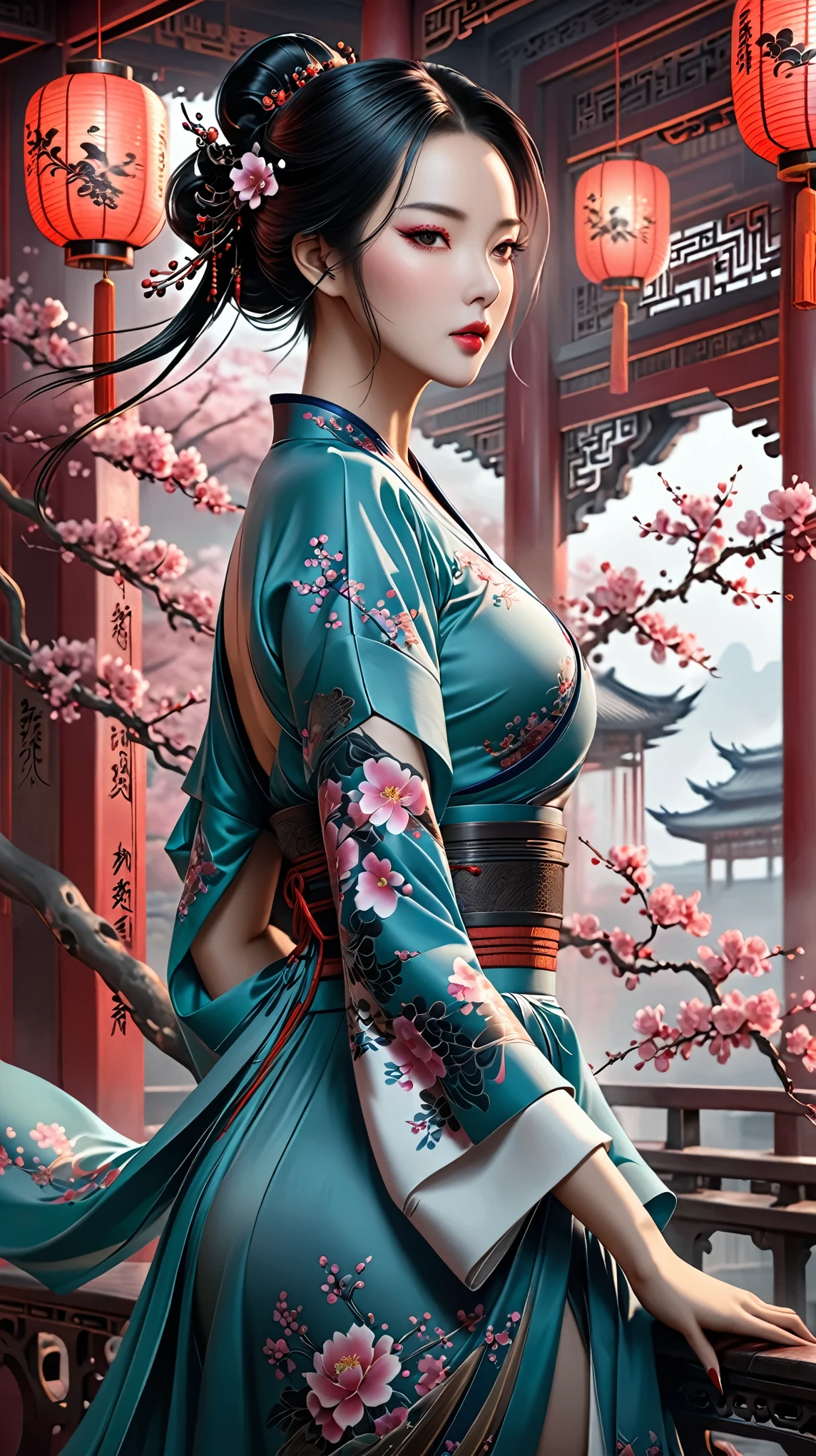 Image of a woman in her 50s with tattoos on her arms and wearing a dress, Inspired by Chen Yifei, Cinematic. Ren Jun, CGSociety and fenghua zhong, by ヤン・J, 🌺 CGSociety, Beautiful digital art, elegant Cinematic fantasy art, Very beautiful cyberpunk samurai, stunning CGSociety, Beautiful maiden, palace ， Girl in Hanfu