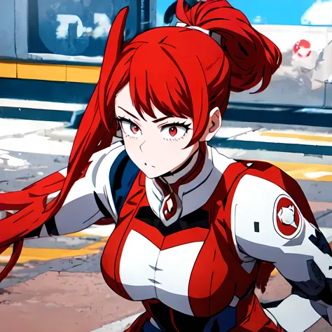 a girl with red hair Ponytail in the hero uniform anime icon 