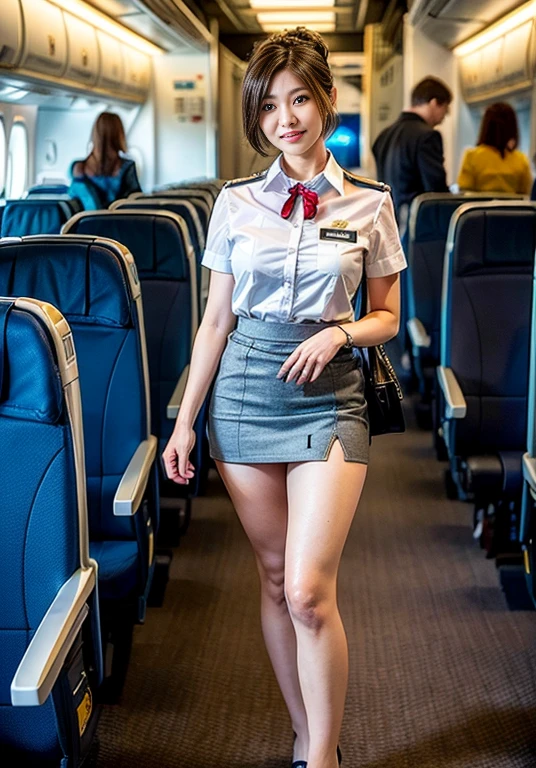 (8千, 最好的质量, 杰作: 1.2), (实际的, 实际的: 1.2),　美丽的日本 20 岁女人, 紧腰, 瘦大腿, 详细的: (非常に详细的な: 1.3), ((空姐服装)), 短发盘发, ((穿着迷你裙)), 修身完美风格. (高分辨率: 1.1), 飞机 乘客 乘客 乘客, 