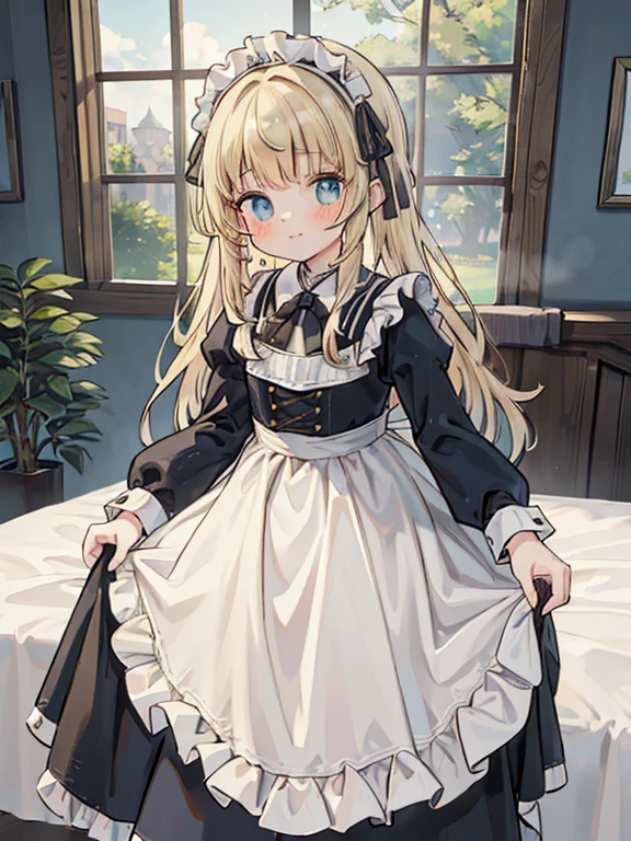 (8k, highest quality, Tabletop:1.2)、Impressionism、By Van Gogh:1.3、Official Art、Ultra-high resolution, 14-year-old girl, Perfect Fingers, Detailed face, blue eyes, blonde, Straight hair, Long Hair, Black maid outfit,  In the city, Bedroom、Making the bed