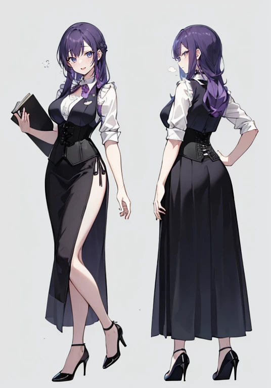 Purple hair,voluminous long hair,Adult female,bartender,(black vest),((Roll up your sleeves)),(Corset),(skirt),(high heels),The heel is visible,((Simple background)),Smile,((Full body)),((whole body)),Character Sheet,