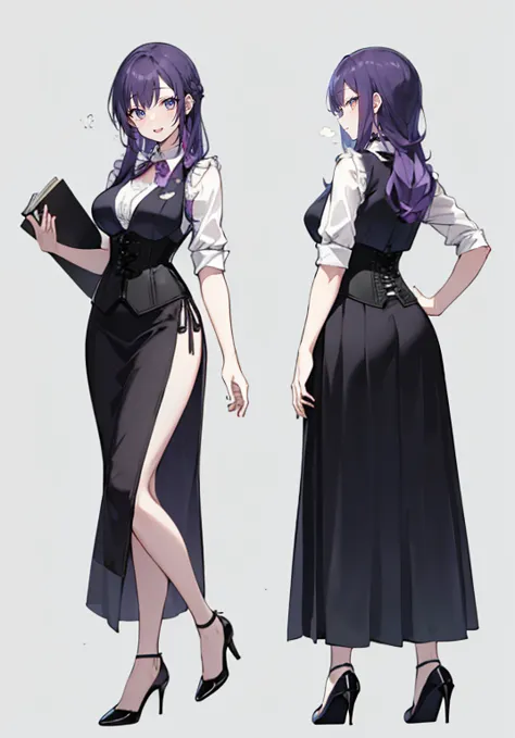 Purple hair,voluminous long hair,Adult female,bartender,(black vest),((Roll up your sleeves)),(Corset),(skirt),(high heels),The ...