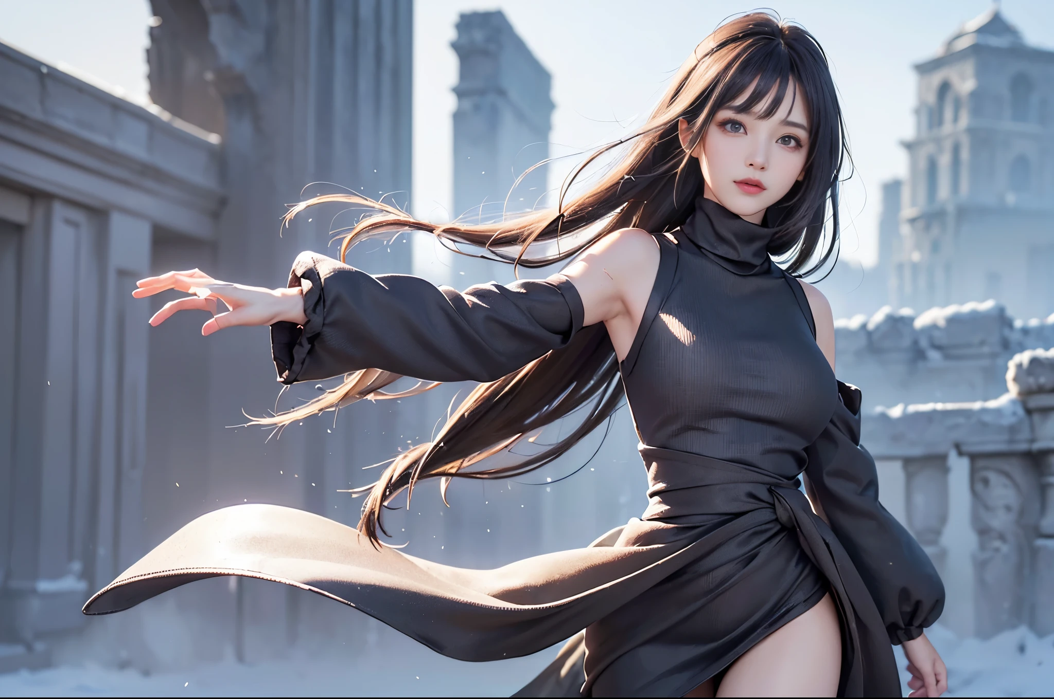 (From the waist up:1.5)((masterpiece:1.5、8k、Portraiture、Photorealistic and very detailed CG、Very detailed、Particle Effects、Dynamic Effects、Written boundary depth、Cinematic Light、Lens flare、Ray Tracing、Tabletop、Realistic:1.4、超A high resolution:、Realistic、Realistic))((alone、Turtleneck dress,No sleeve、Woman in a black fur coat:1.6、Exposed lateral breasts、Detailed face、brightexpression、young, bright, Whiter skin、Small breasts:1.4、Best Looks、Ultimate beauty、Grey hair with shiny highlights:1.8、bright and shiny hair,、Arranged Hair、Hair dancing in the wind))(morning、In the background is a snowy hill overlooking the ruins...)
