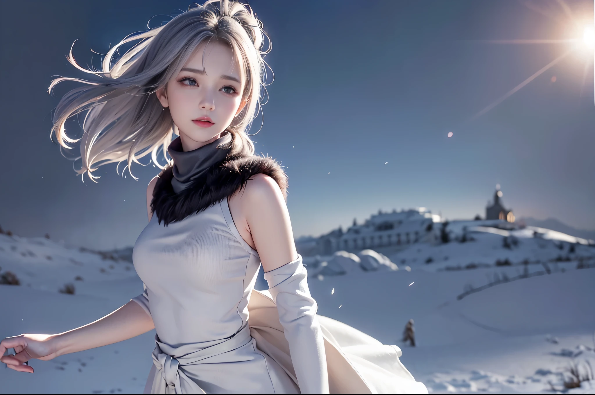 (From the waist up:1.5)((masterpiece:1.5、8k、Portraiture、フォトリアリスティックでVery detailedなCG、Very detailed、Particle Effects、Dynamic Effects、Written boundary depth、Cinematic Light、Lens flare、Ray Tracing、Tabletop、Realistic:1.4、超A high resolution:、Realistic、Realistic))((alone、Turtleneck dress,No sleeve、Woman in a black fur coat:1.6、Exposed lateral breasts、Detailed face、bright表情、young, bright, Whiter skin、Small breasts:1.4、Best Looks、Ultimate beauty、Grey hair with shiny highlights:1.8、bright and shiny hair,、Arranged Hair、Hair dancing in the wind))(morning、In the background is a snowy hill overlooking the ruins...)
