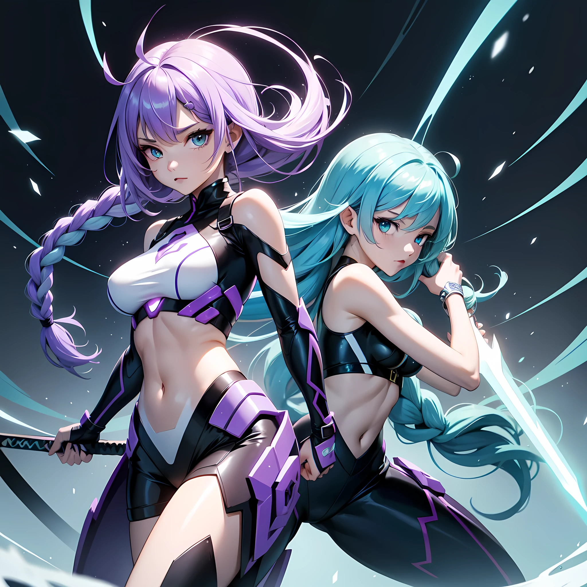 best quality, 32k, high-definition art, high resolution, ultra-detailed, extremely detailed, top quality, ultra quality, multiple girls, navel, 2girls, intense action, 
BREAK
a Cryptic Girl:(Purple White Gradient Twin Long Braided Hair:1.2), 
BREAK
a SeaArt Girl:(Cyan Tornado Hair:1.2), 
BREAK
multiple girls, weapon, midriff, sword, cyber costume, SF costume, sparkle, flash, colored skin, action pose, dynamic pose, action pose, heroic pose