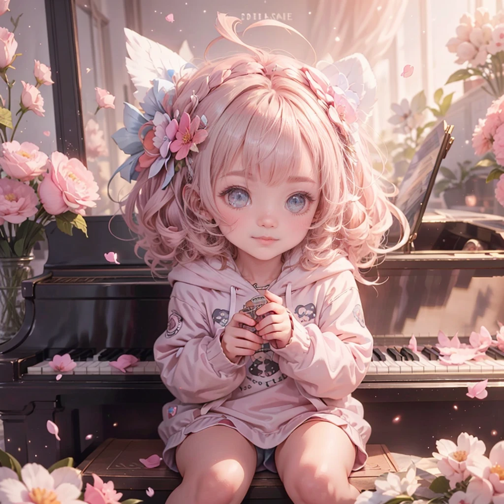 Cute Baby 3D，Baby pink hair，Cute eyes，Adorable smile，Esbian all over、Pure、Lolita hoodie fashion，Pure，Grand piano，Rosy Cheeks，de luz，satin，Flowers sparkle，blue sky，Campanella，Fantasy World，Pastel Style，Soft Blending，Depth of written boundary_shallow